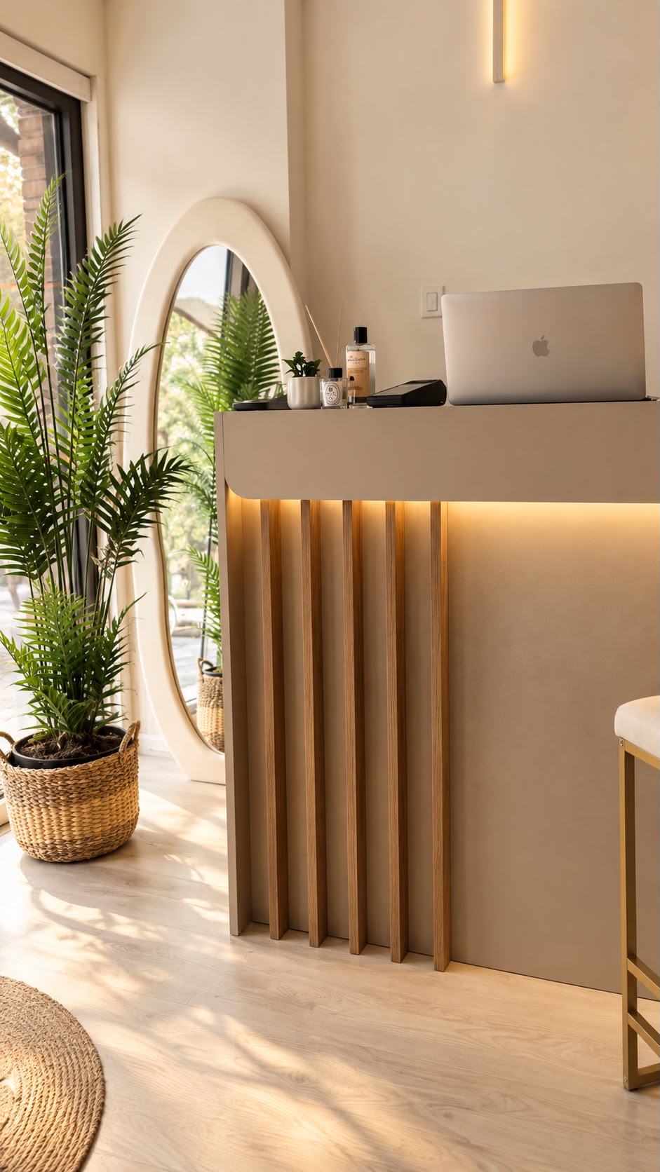Focus & Flow Studio resepsiyonu — ahşap çıtalı, ışıklı karşılama bankosu ve bitkiler
